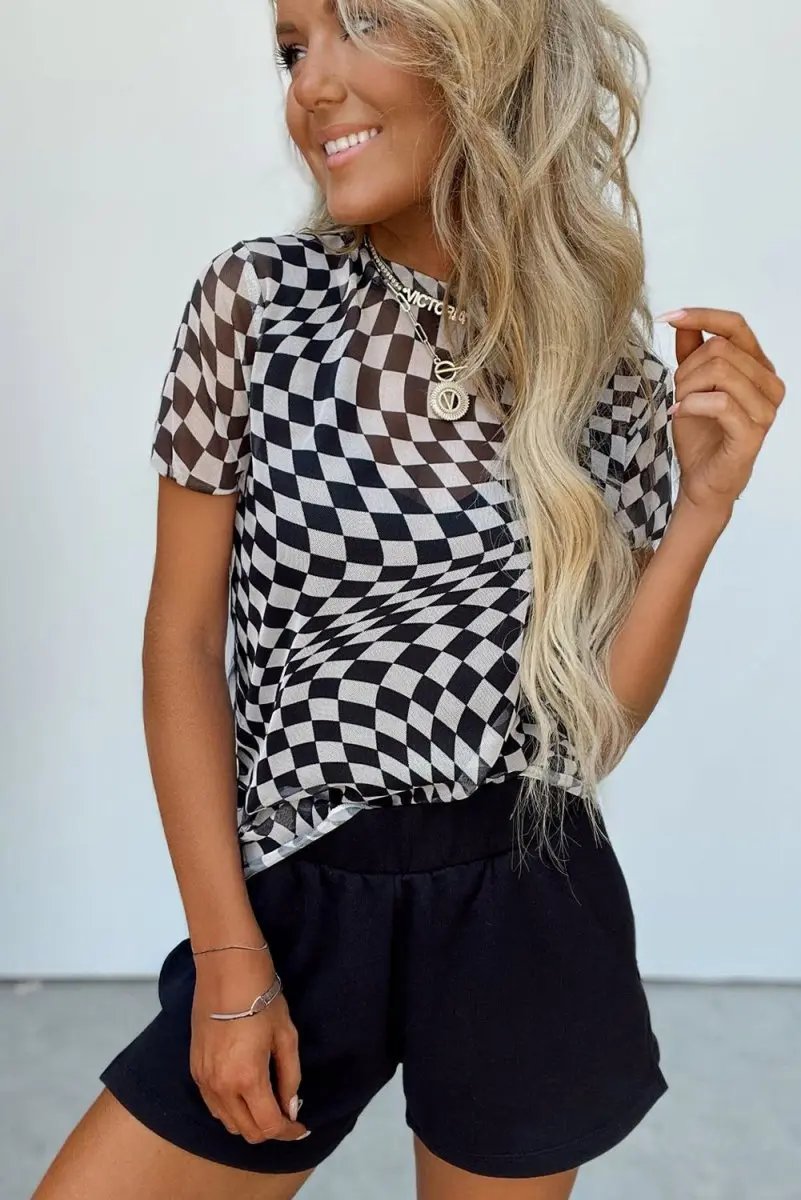 Black Checker Mesh Crew Neck T Shirt for Women Fashion - Love Salve